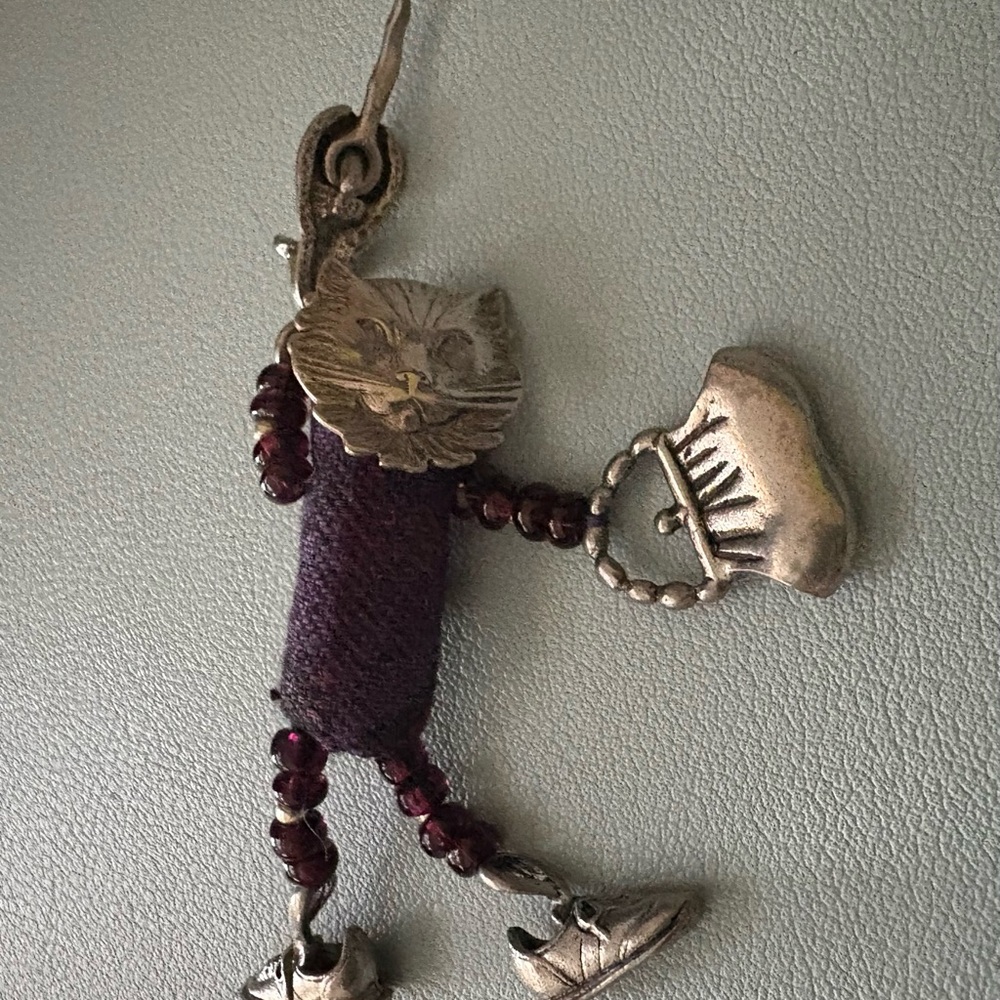 Silver Cat Pin with Purple Fabric Accents